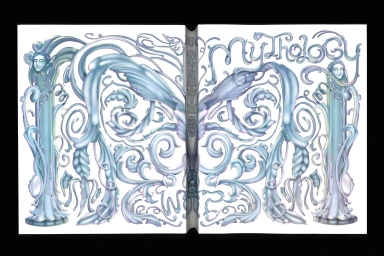 Detailed book cover design featuring ornate silver scrollwork and carved faces on a white background with the word Mythology