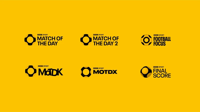 Logos for BBC Sport programs including Match of the Day, Match of the Day 2, Football Focus, MOTDK, MOTDX, and Final Score on yellow.