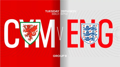 Graphic broadcast design for BBC Football showing a split screen with Wales and England match details and team crests