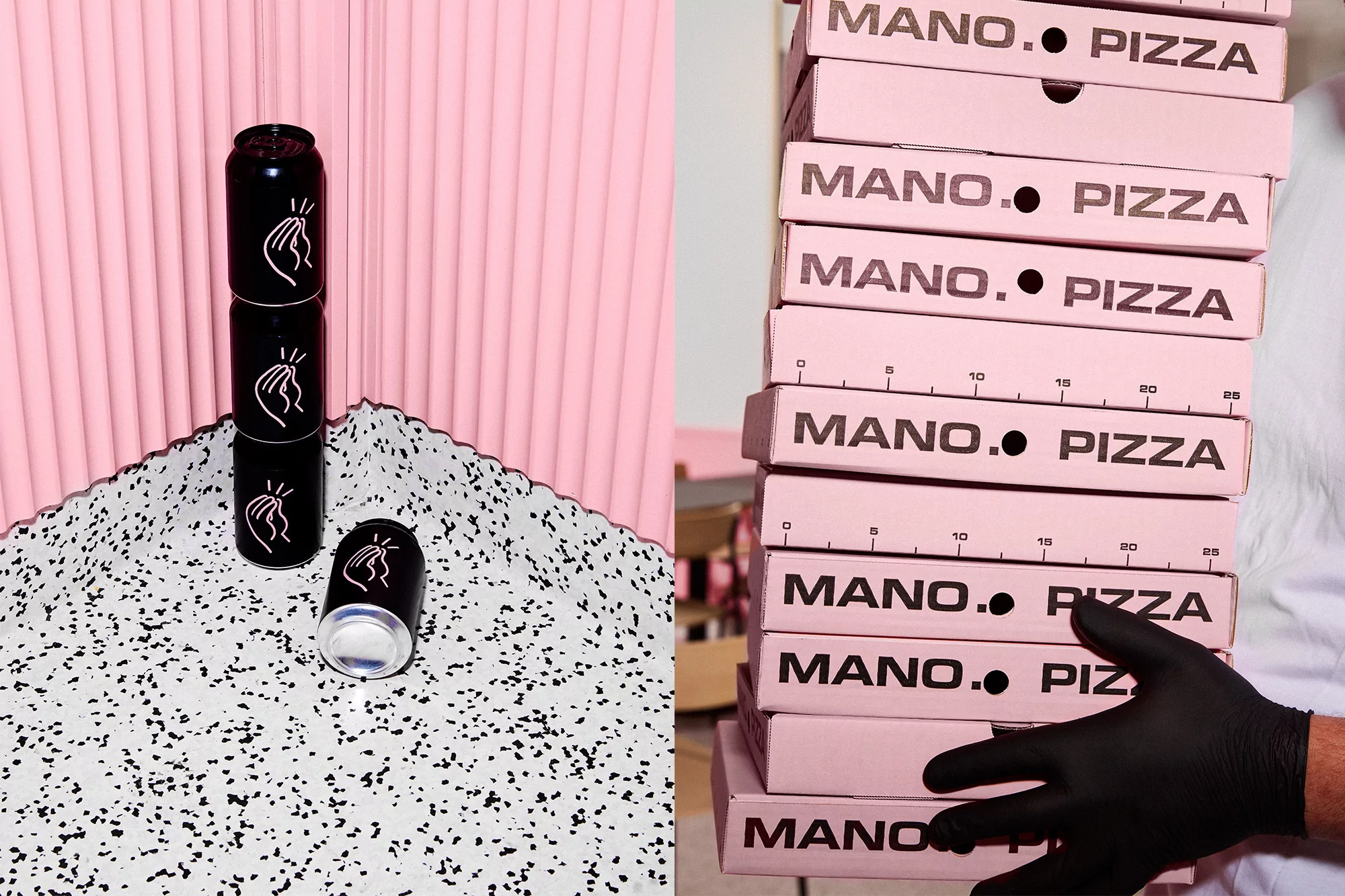 Stack of black cans with white design, and pizza boxes with text on a pink and white background, showcasing product presentation.