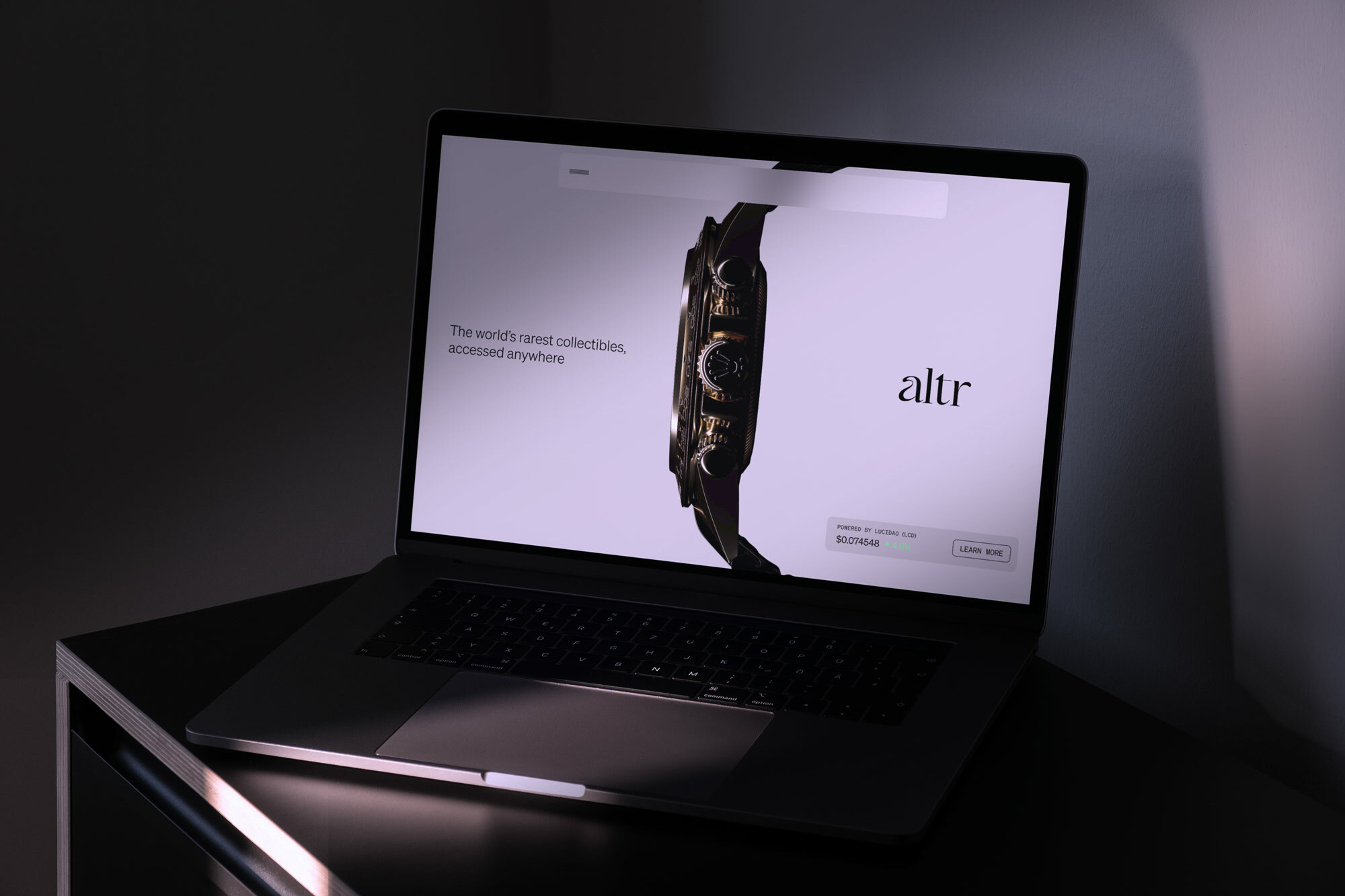 Laptop displays luxury watch marketplace 'altr' against a dark gray backdrop, offering a glimpse into digital luxury retail.