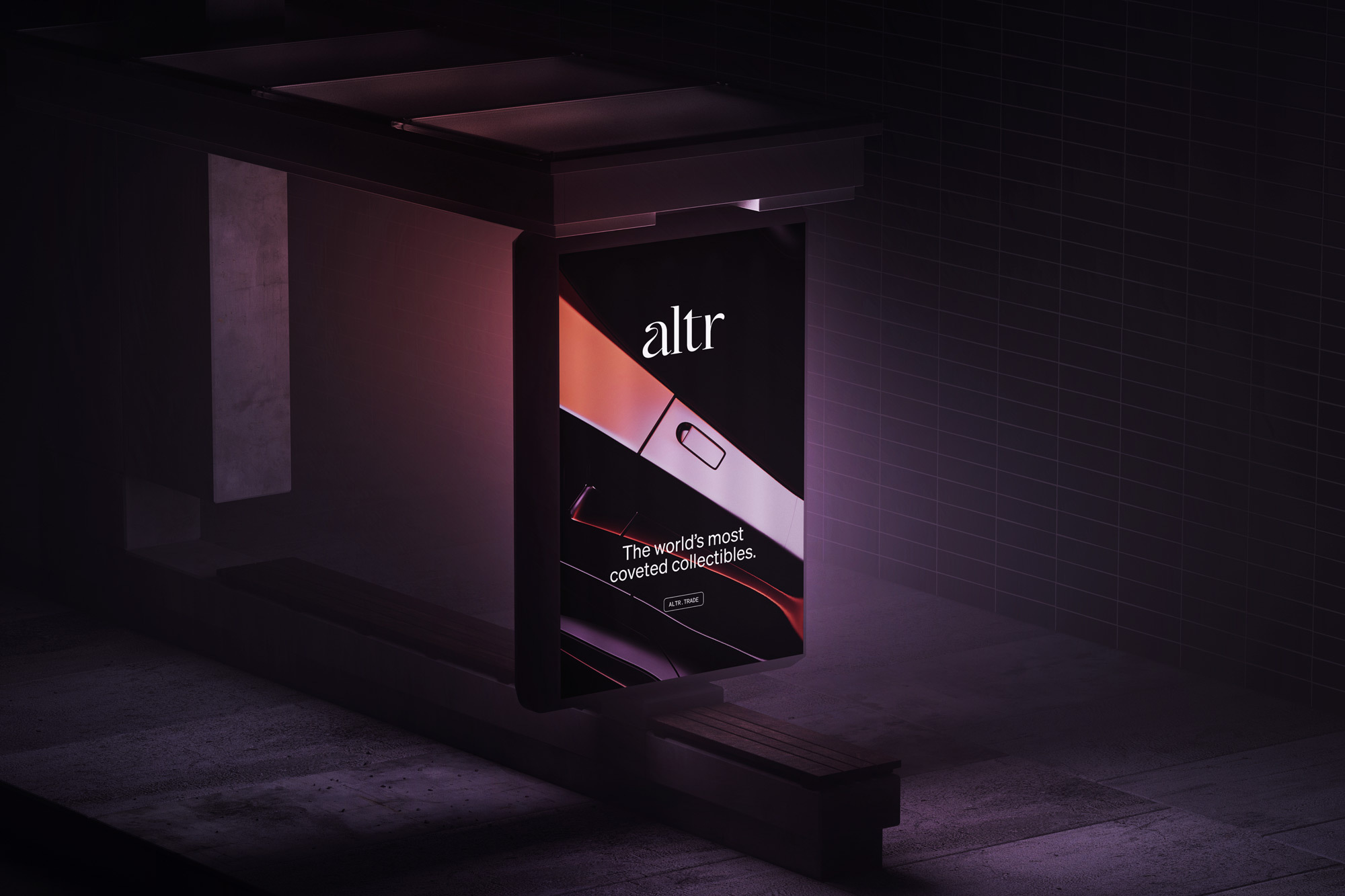 Bus stop advertisement featuring a sleek, modern design for ALTR, emphasizing coveted collectibles and a futuristic aesthetic.