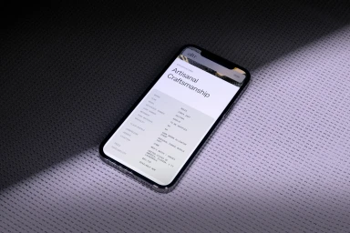 Smartphone displaying a digital interface with product details resting diagonally on a textured textured surface.