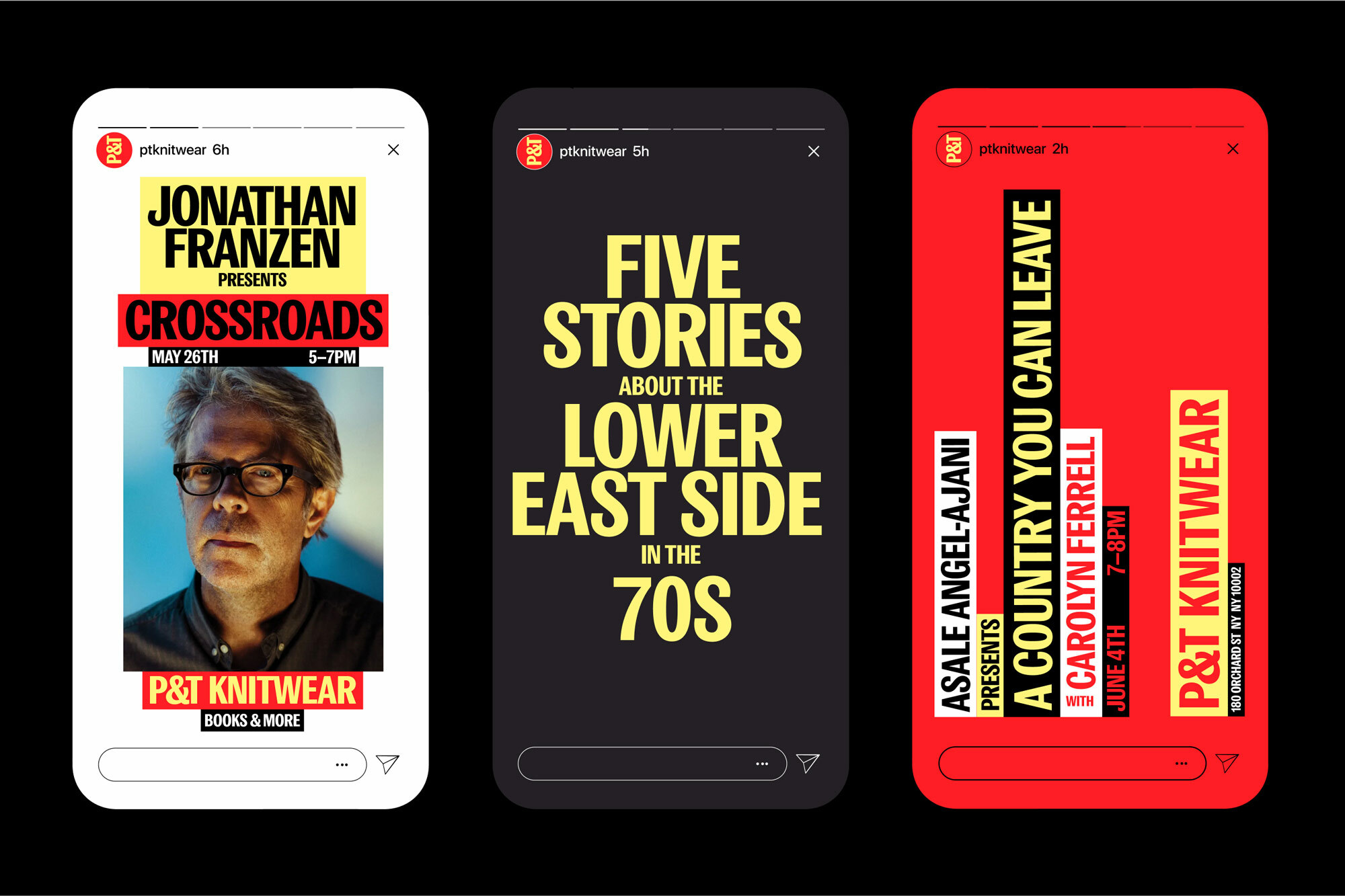 Three promotional posters on a black background feature Jonathan Franzen's Crossroads, Lower East Side stories, and Asale Angel-Ajani's book.