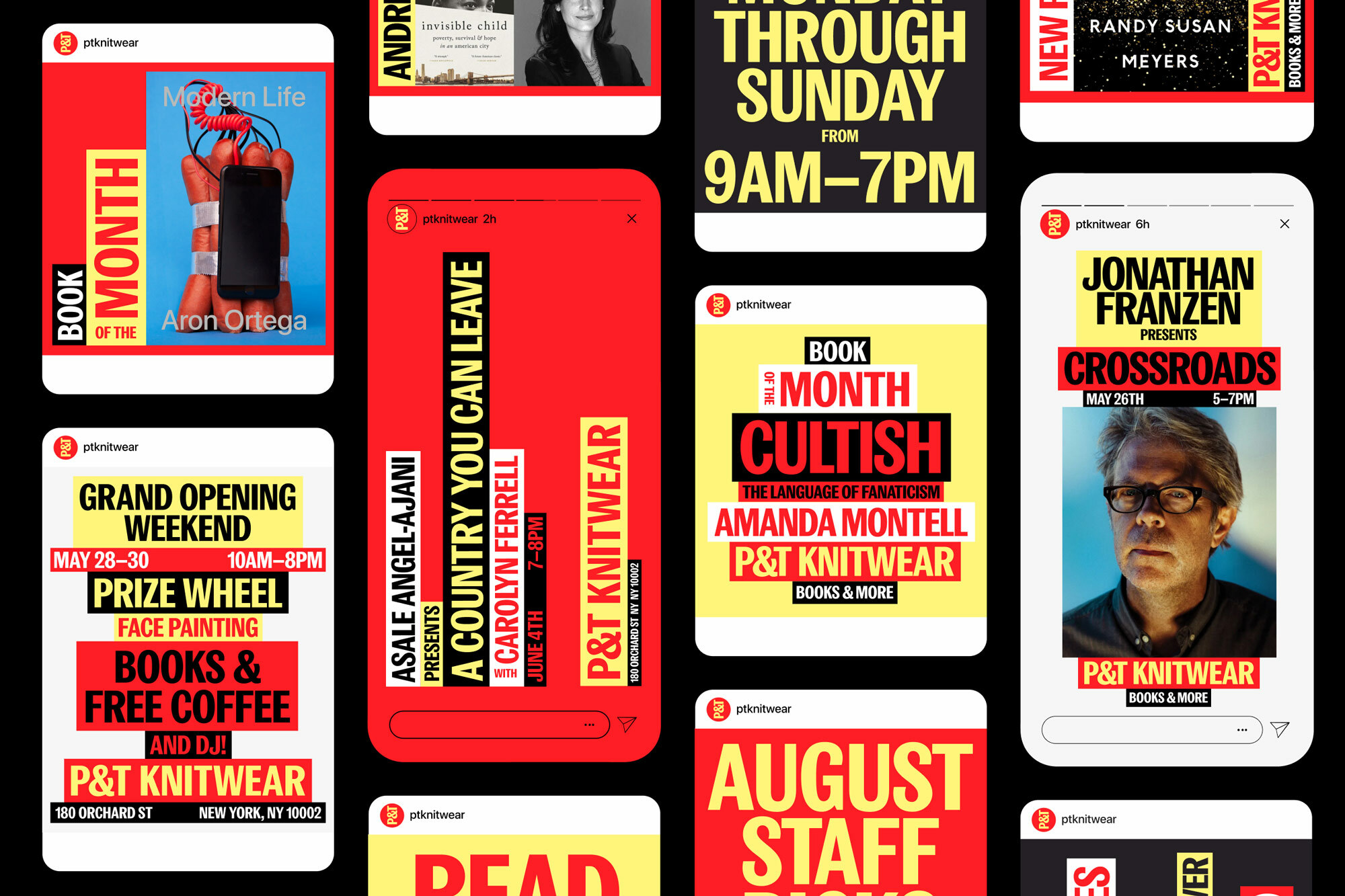 Book promotions for P&T Knitwear displayed as mock Instagram posts, featuring book covers and author information. Graphic design and bold typography are used.