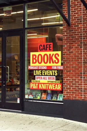 Exterior view of a bookstore with large red and yellow signage advertising books, podcast studio, and live events in an urban setting.