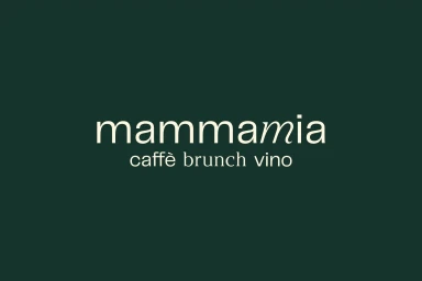 Mammamia brand identity featuring white serif typography on a dark green background