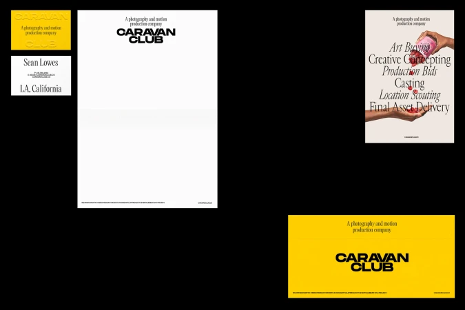 Graphic design featuring Caravan Club branding with photography services, creative concepting, and final asset delivery on yellow and white.