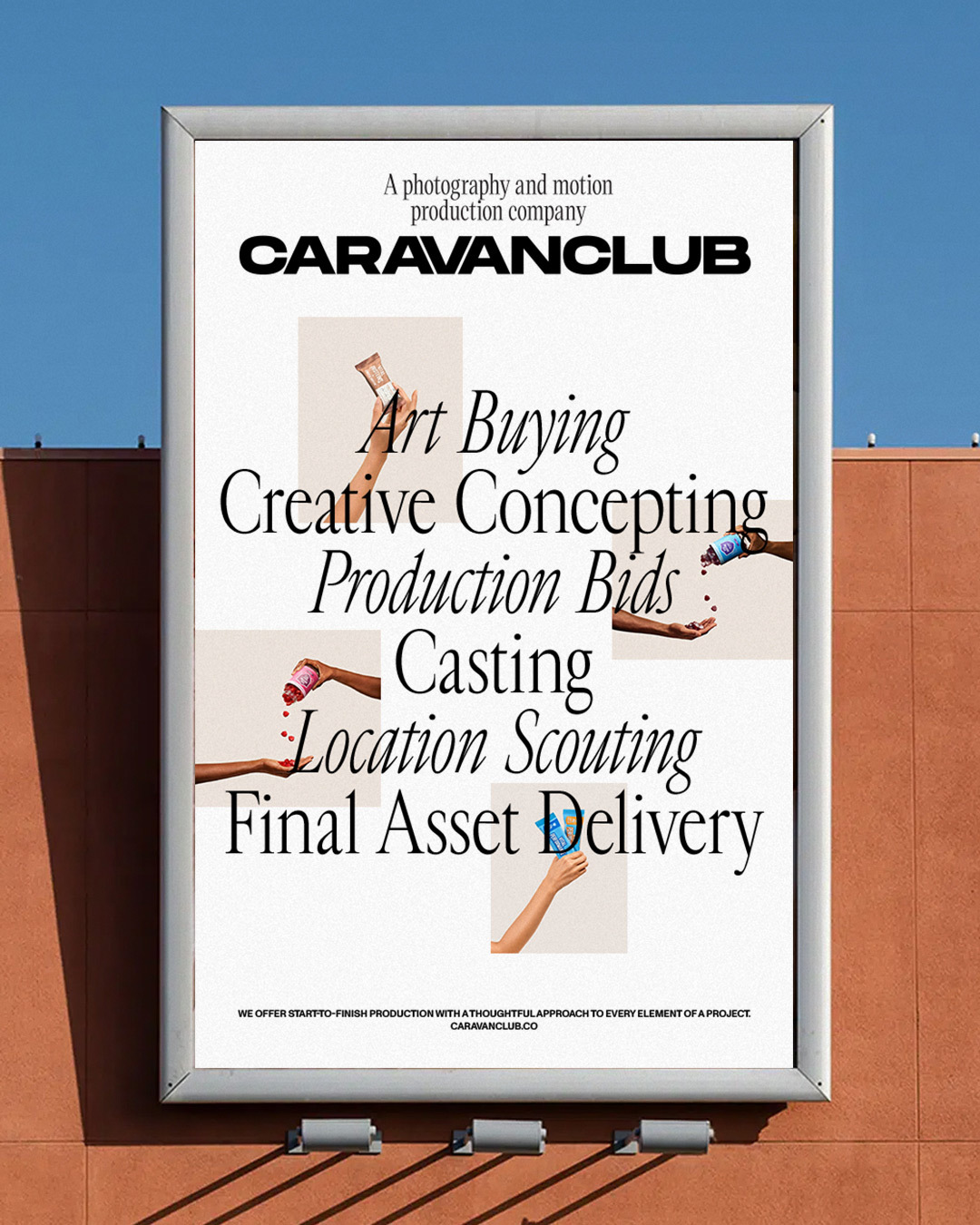 Outdoor billboard ad for Caravanclub, a photography and motion production company. Ad features hand-held items in a modern design.