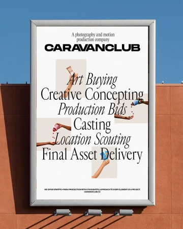 Outdoor billboard ad for Caravanclub, a photography and motion production company. Ad features hand-held items in a modern design.
