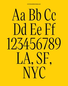 Typography specimen sheet displaying uppercase and lowercase letters and numbers in black against a solid yellow background.