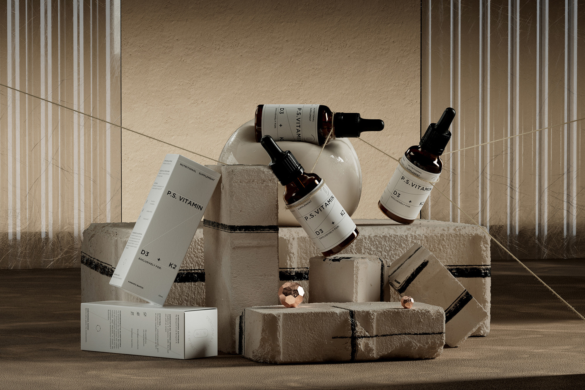 Product photography of P.S. Vitamin D3 + K2 supplement bottles and boxes arranged on textured blocks against a neutral-toned backdrop.