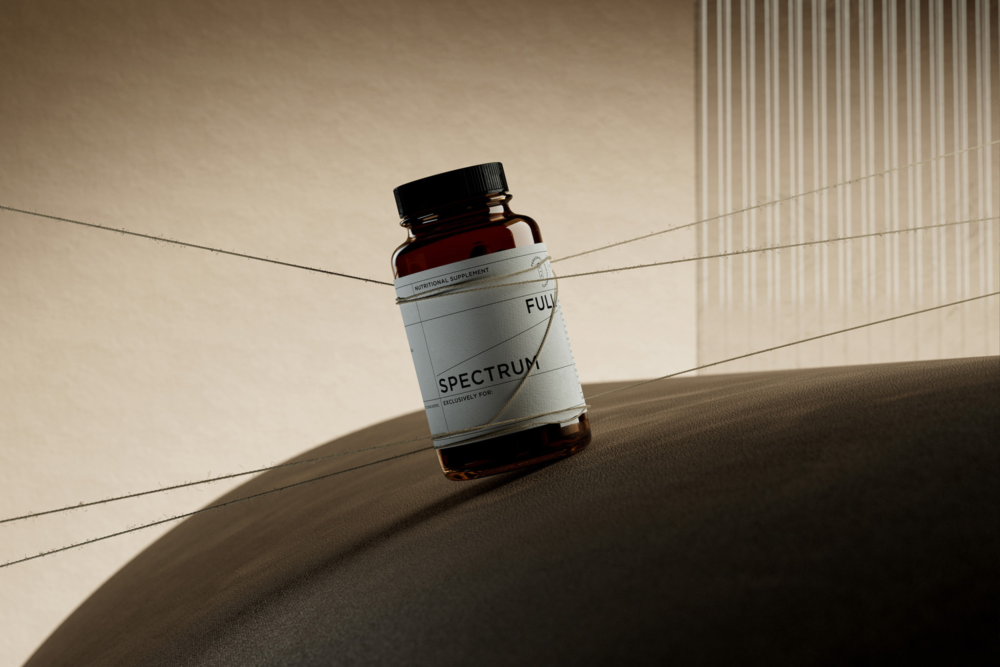 Amber supplement bottle sits on a textured surface against a neutral backdrop with geometric line details, wrapped with string.