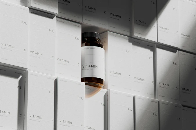 An amber-colored glass supplement bottle stands out amidst a backdrop of Vitamin C supplement boxes, creating a minimalist product shot.