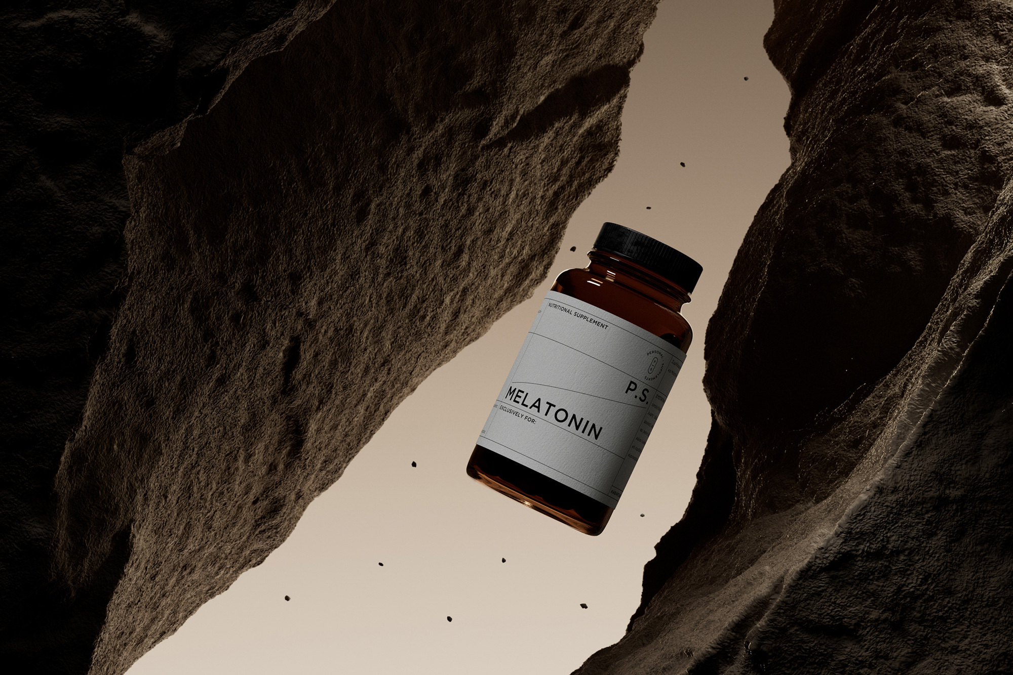 Brown medicine bottle with white label floats between textured brown rock formations against a tan background, studio product shot.