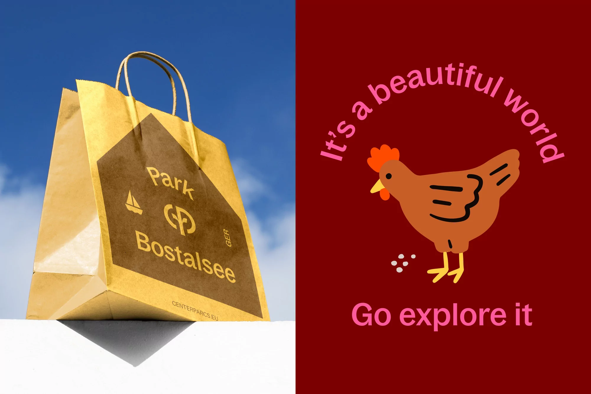 Promotional image featuring a shopping bag with Park Bostalsee logo and a graphic with chicken illustration and the phrase 'It's a beautiful world'
