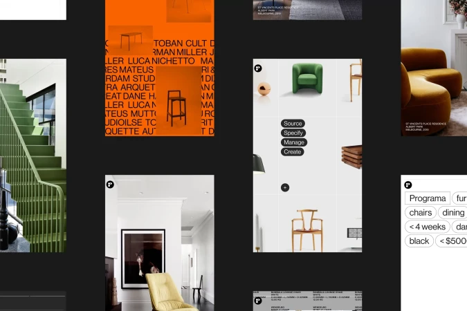 Collage of curated interior design inspirations, showcasing furniture pieces and architectural elements in various styles and settings.