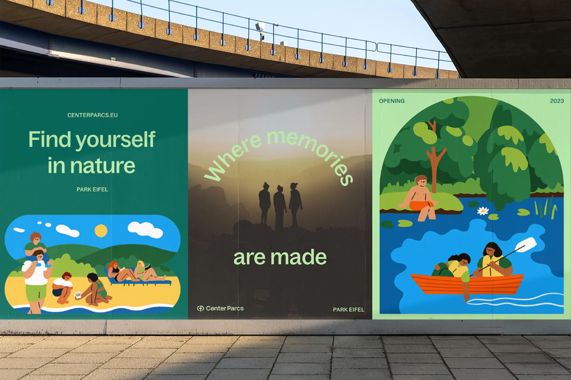 Eye-level shot of a billboard featuring three illustrated posters advertising Center Parcs, with families and nature scenes. 