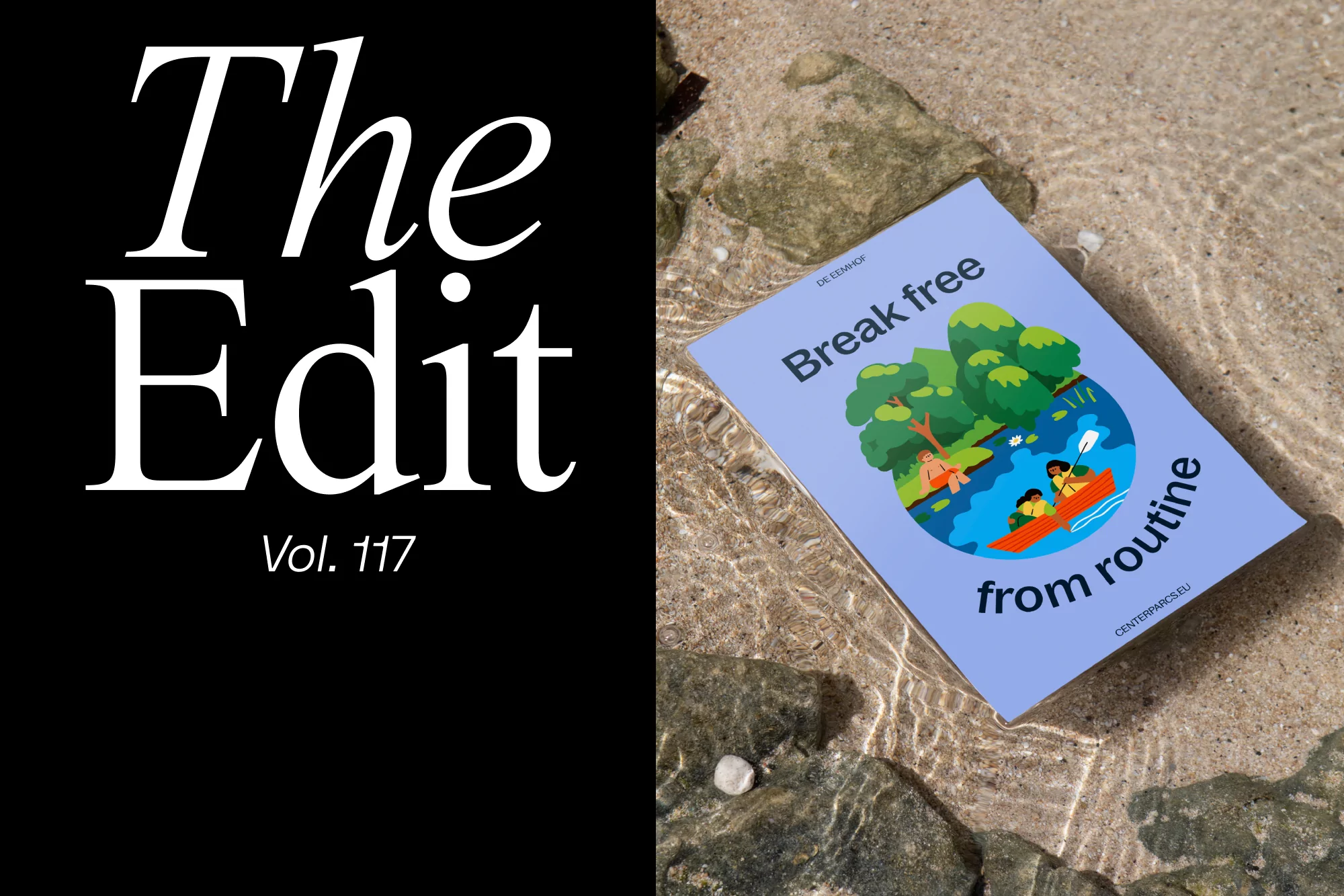 A book cover is on the sand near shallow water with text 'The Edit Vol. 117' on the left and an illustration with text 'Break free from routine'.