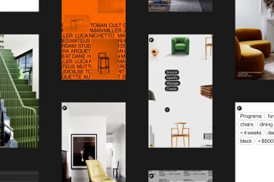 Collage of design pieces and interior imagery showcasing furniture items on white backgrounds for brand identity.