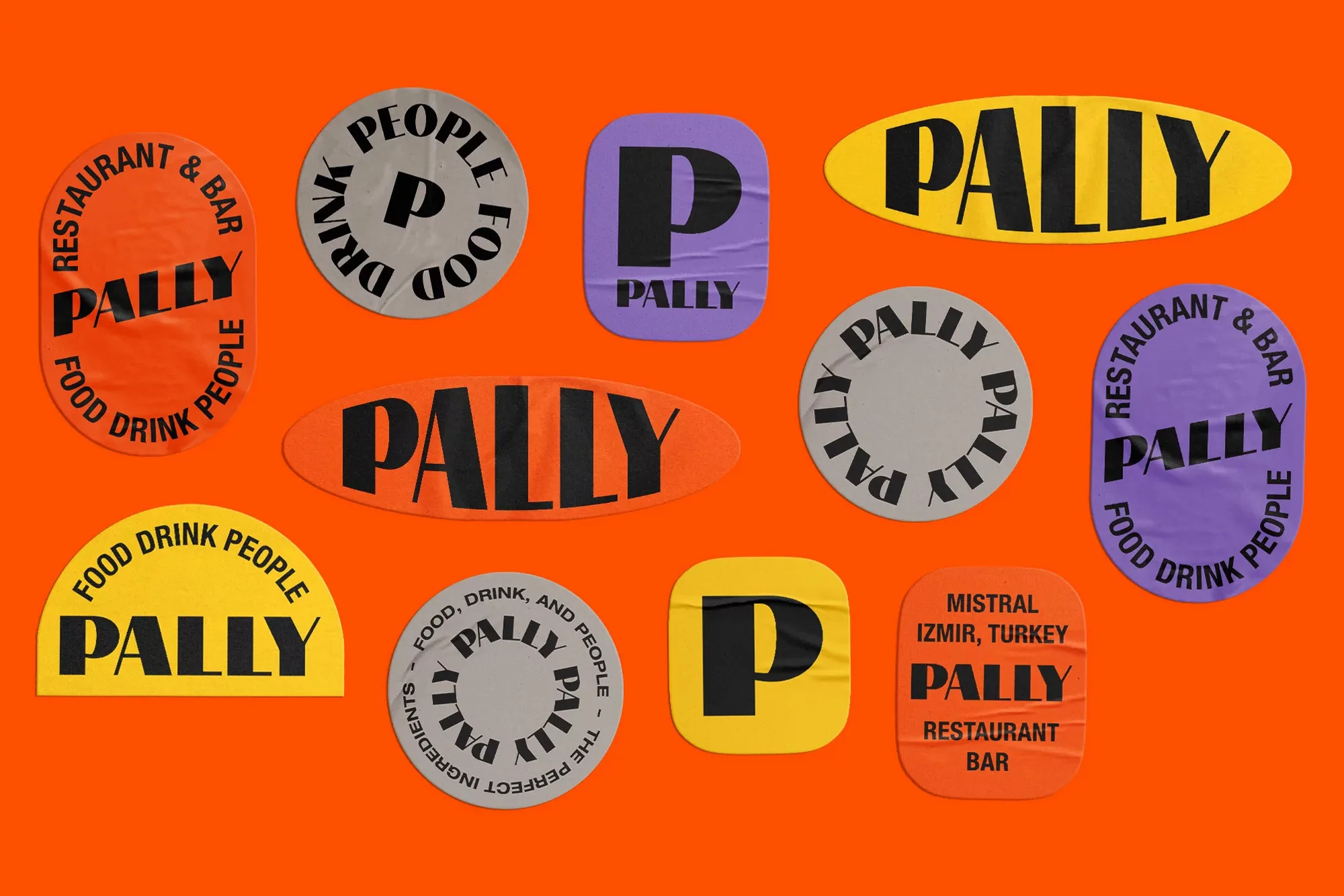 Colorful stickers displaying 'Pally' brand name with restaurant-related keywords on a bright orange background in graphic design art.
