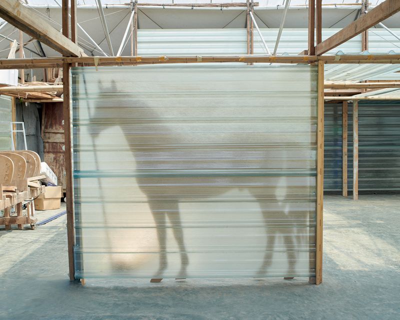 Semi-transparent barrier with horse silhouette inside a building or warehouse with metal and wood construction during daytime.