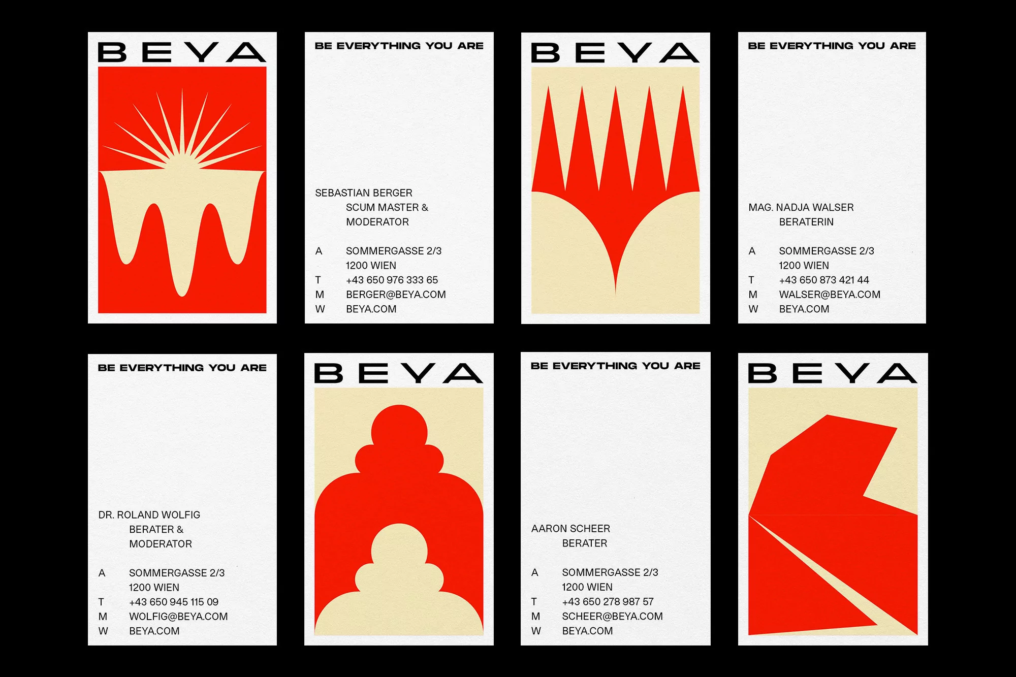 Modern business cards with geometric designs, featuring the word 'BEYA' and contact information, set against a clean, minimalist background.