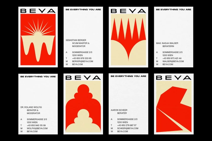Modern business cards with geometric designs, featuring the word 'BEYA' and contact information, set against a clean, minimalist background.