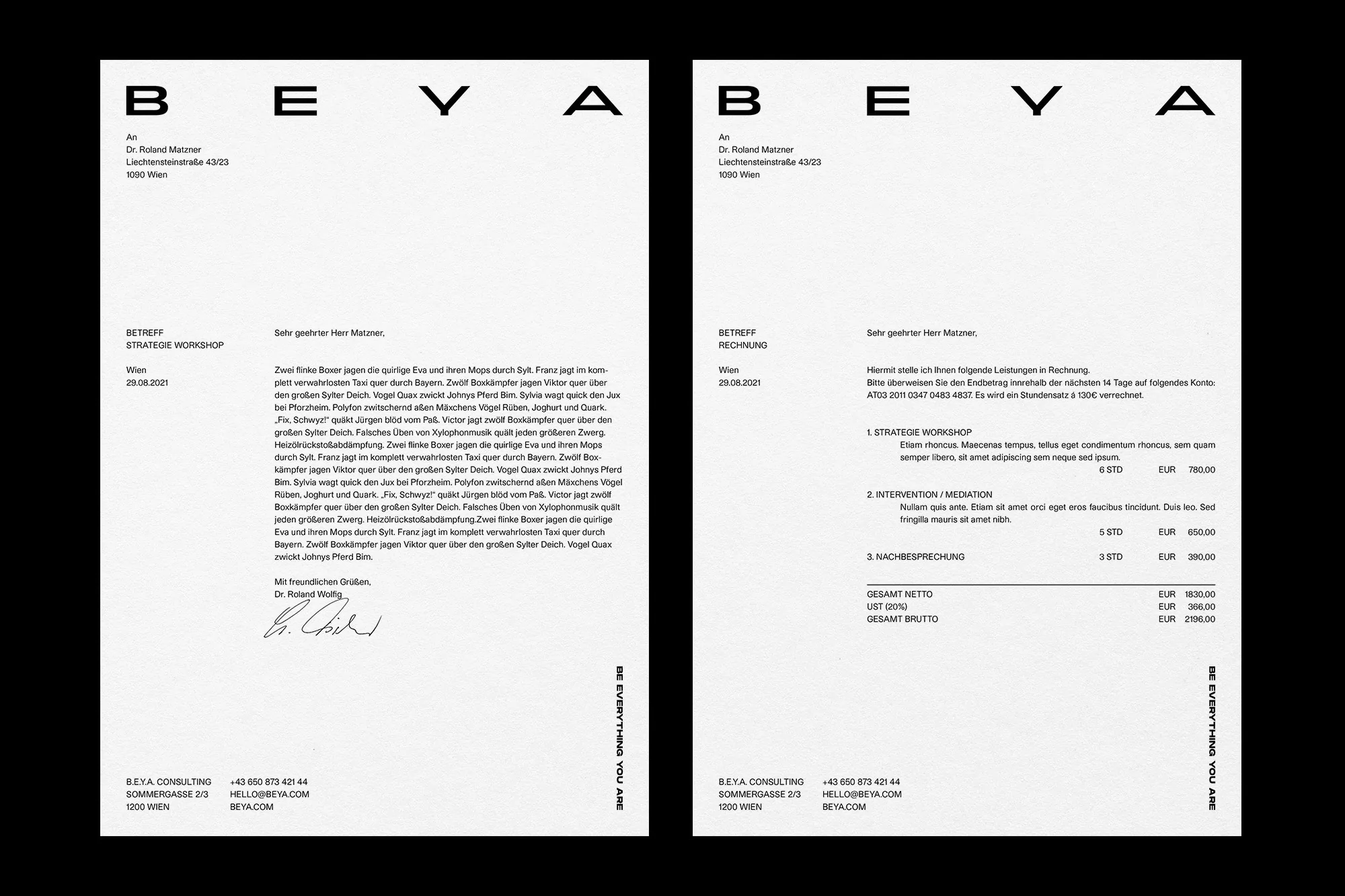 Two sheets of paper with black sans-serif typography arranged side by side on a black background, with the BEYA logo visible on top.