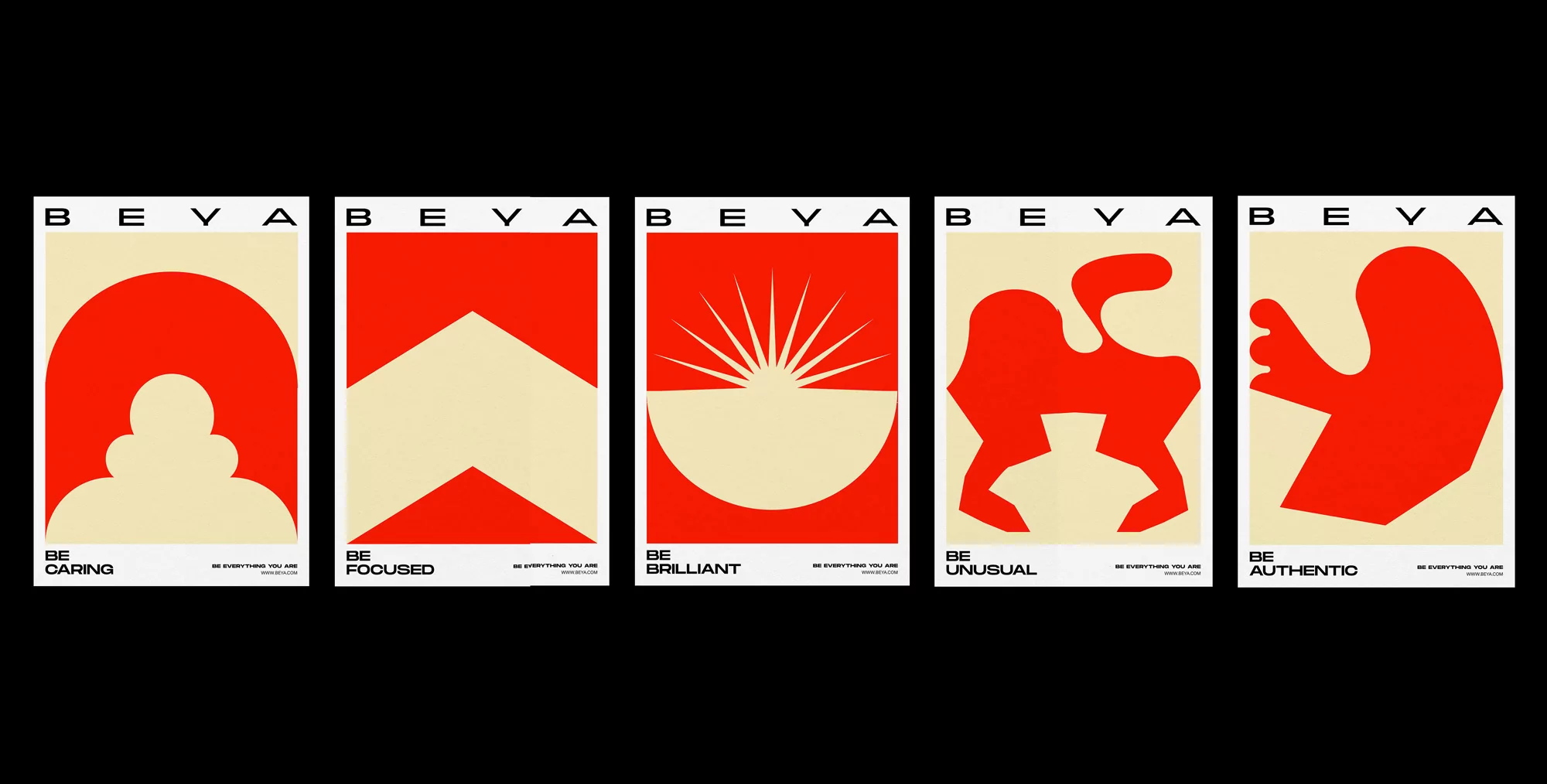 Graphic design featuring five modern posters in red and beige with the words 'BEVA' and motivational words on a black background.