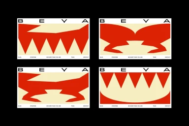 Four rectangular panels showing BEYA brand identity featuring bold red abstract shapes on a cream background with black typography.