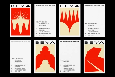 BEYA brand identity featuring minimal business cards with red and cream geometric graphic illustrations and typography.