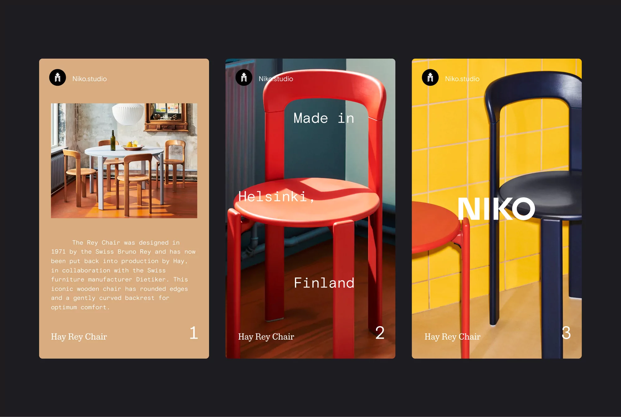 Three images promoting the Hay Rey Chair by Niko.studio, showcasing various colors against different background styles and locations.