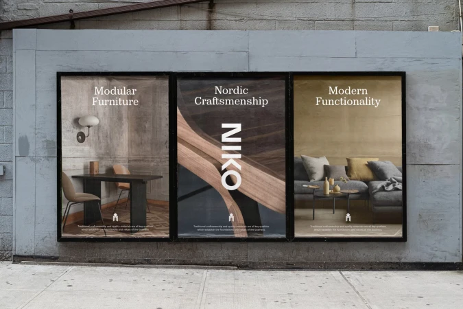 Three NIKO furniture posters displayed in black frames on a textured gray wall, showcasing modular furniture, Nordic craftsmanship, and modern functionality.