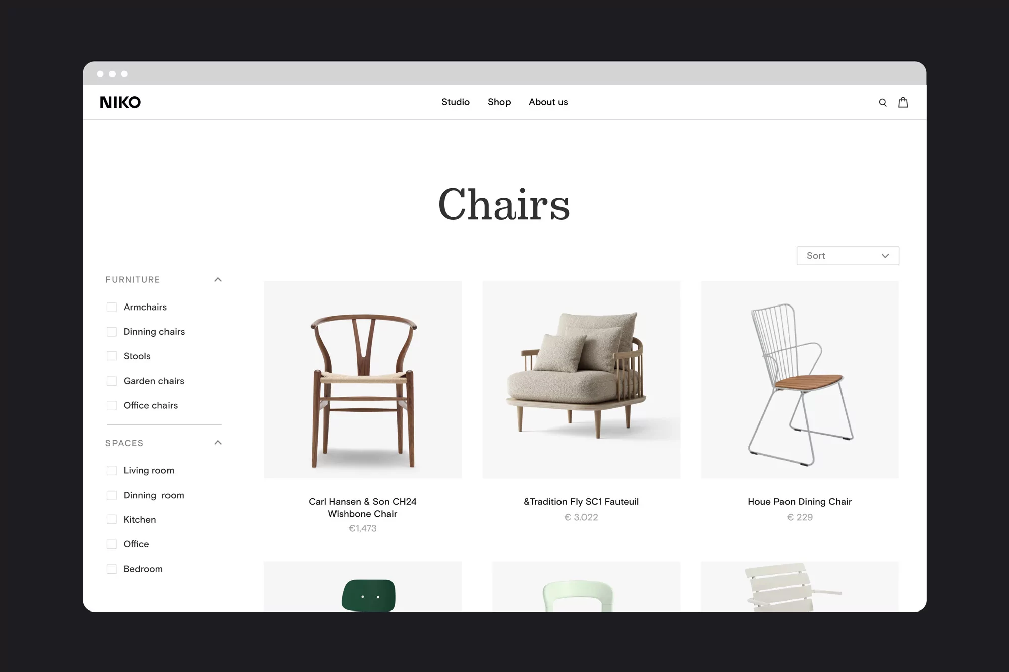 Webpage display of furniture chairs on the screen with a minimal design aesthetic. The focus is on chair selection for different rooms.