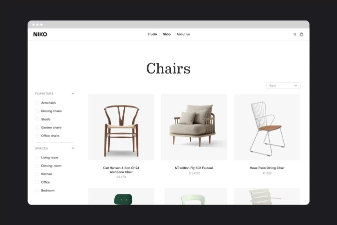 Webpage display of furniture chairs on the screen with a minimal design aesthetic. The focus is on chair selection for different rooms.