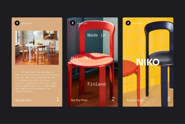 Three vertical graphic design panels showcasing the Niko brand identity with red and black chairs against various backdrops.