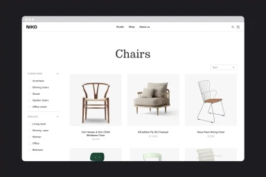 Browser window showing the Niko e-commerce website product category page for chairs with sidebar filters and chair listings