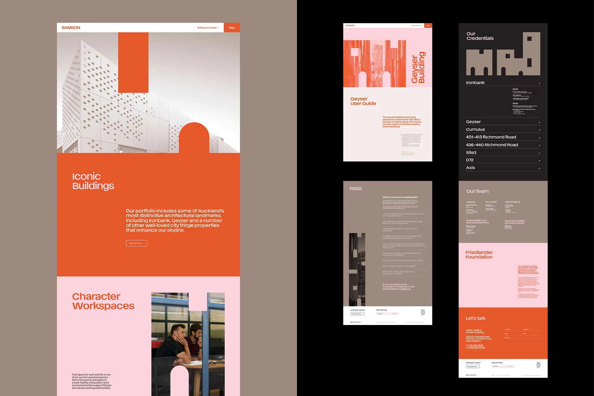 Web design layout featuring building exteriors, workspace with two men at a table, credentials, contact information, and FAQs.