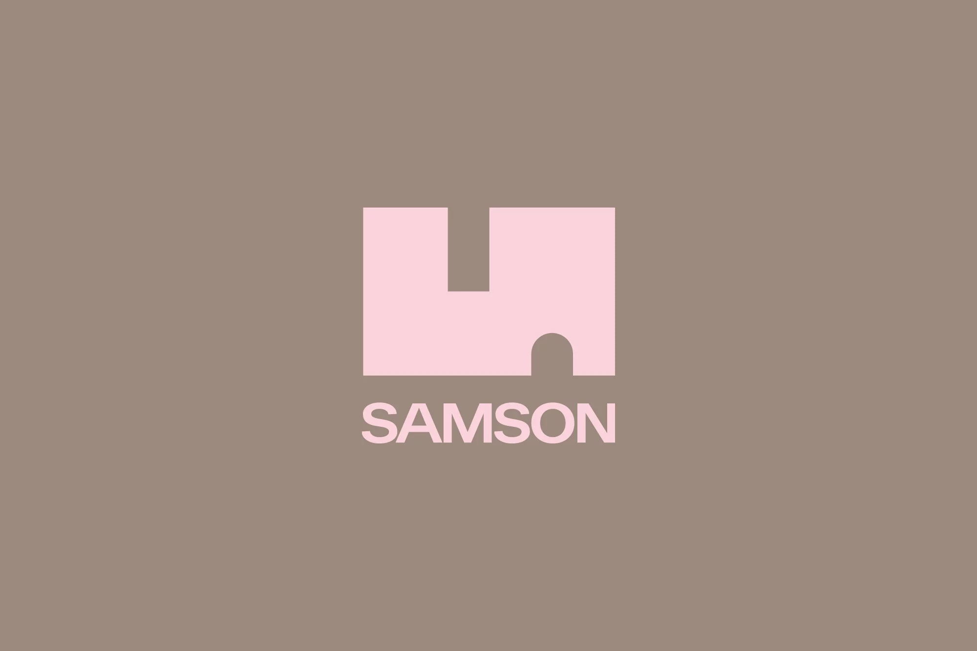 Abstract logo art of a pink Samson logo with a geometric design element on a gray-taupe background, design symbol.