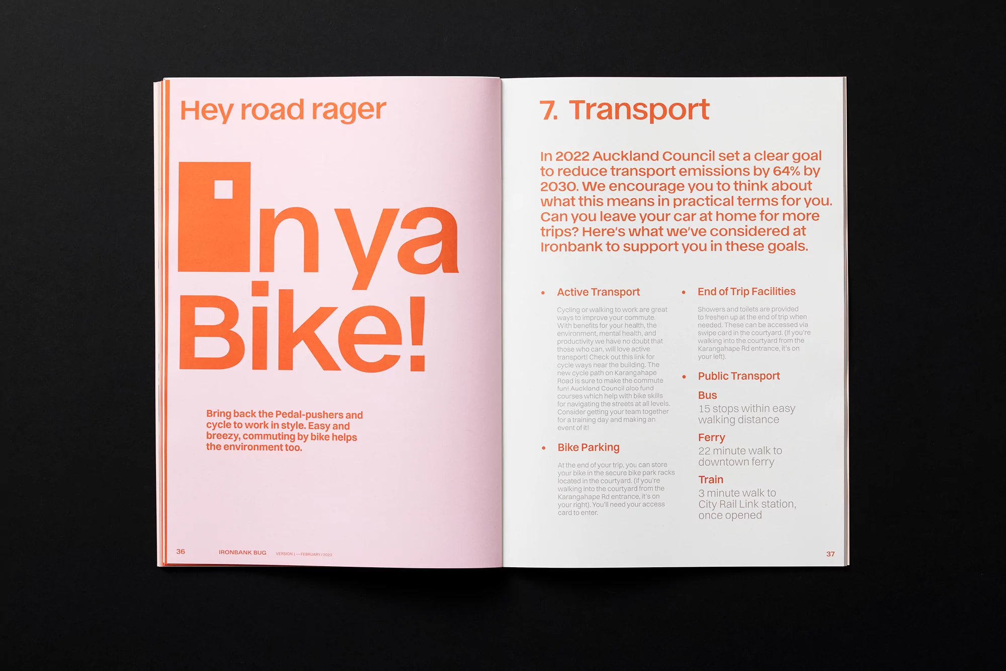 Open magazine spread with text about cycling and transport goals; headline "Inya Bike!" encourages cycle commuting.