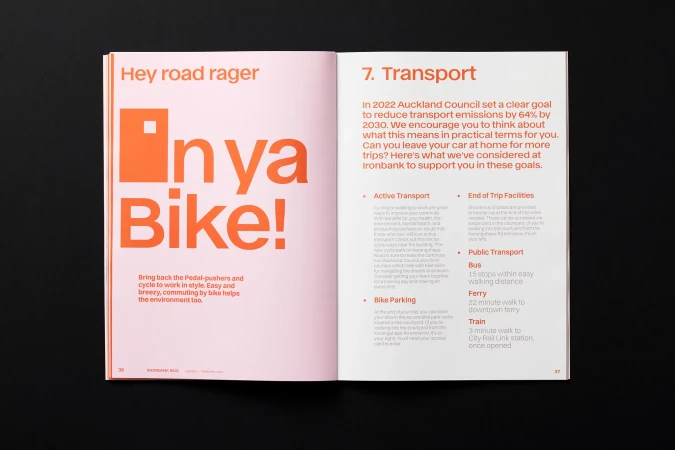 Open magazine spread with text about cycling and transport goals; headline "Inya Bike!" encourages cycle commuting.