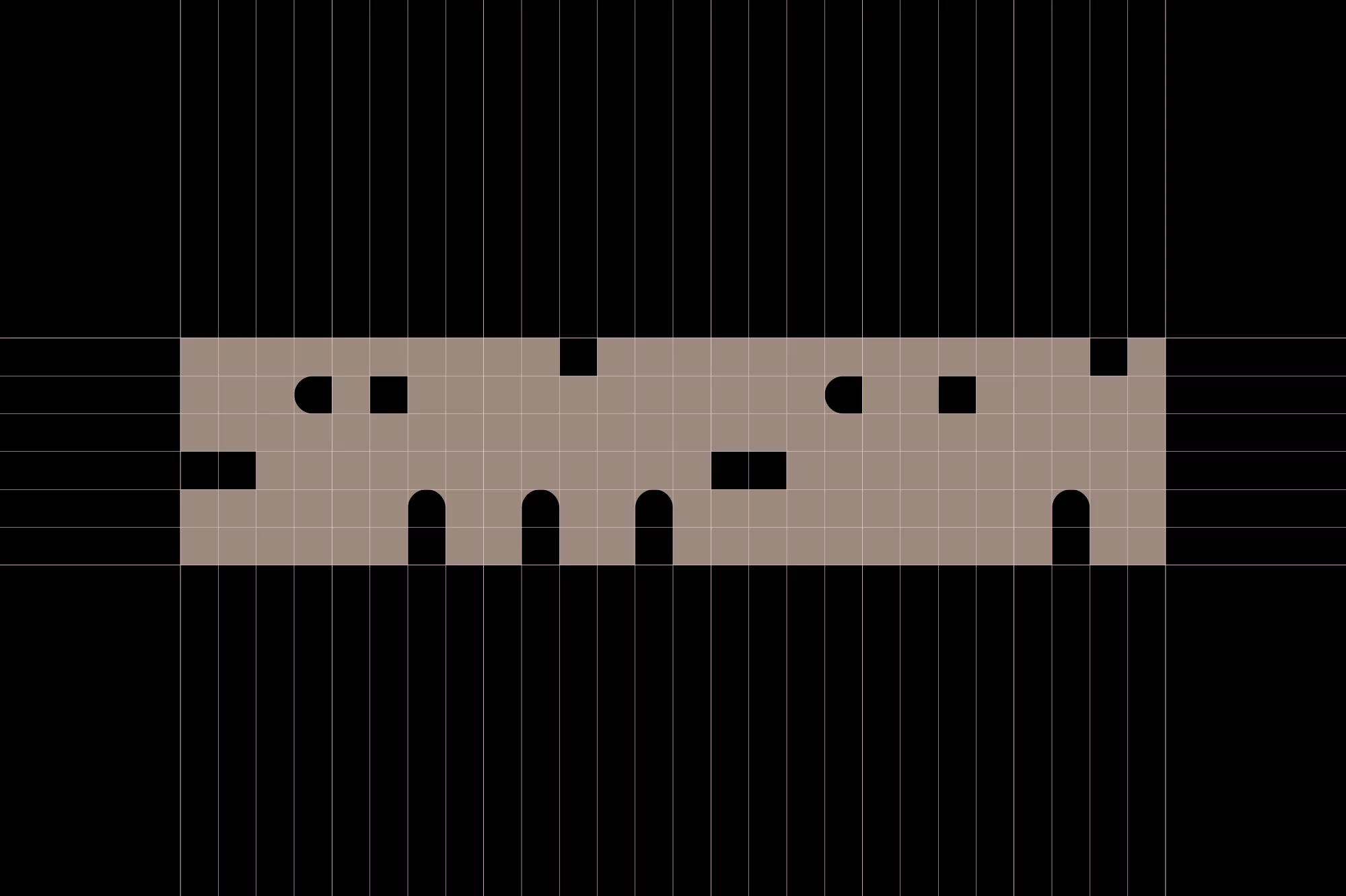 Abstract art featuring a tan grid with black bars and various geometric shapes, set against a stark black background.