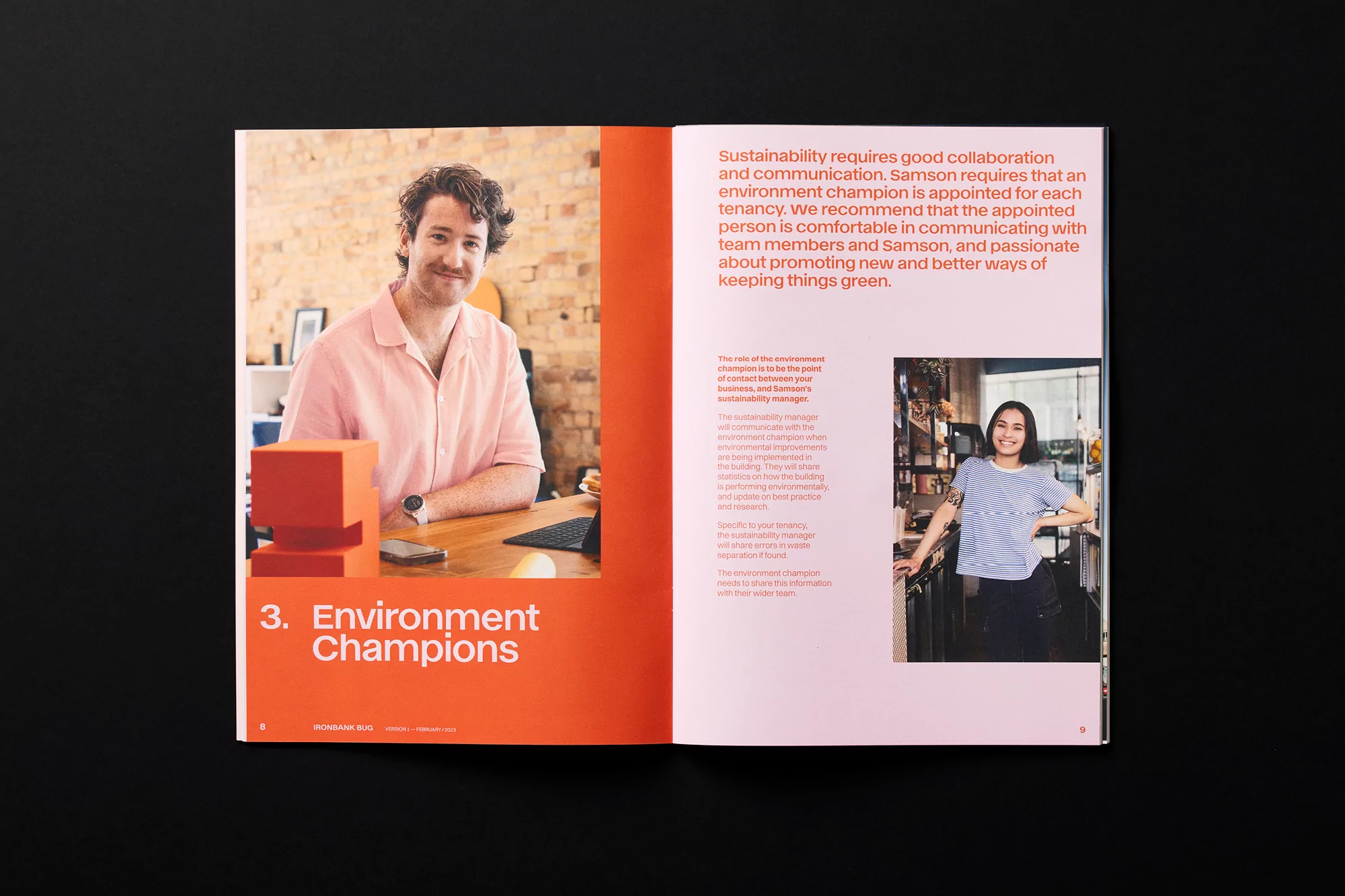 Two people featured on a magazine spread. A man is on the left page, with a woman on the right page. Environment and sustainability are themes.