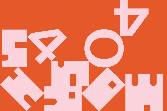 Abstract art piece featuring geometric shapes and numbers in a light pink and orange color palette, creating a modern and minimalist aesthetic.