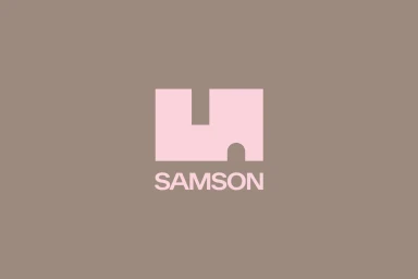Samson brand identity logo featuring minimalist pink typography and geometric shapes against a solid taupe background.