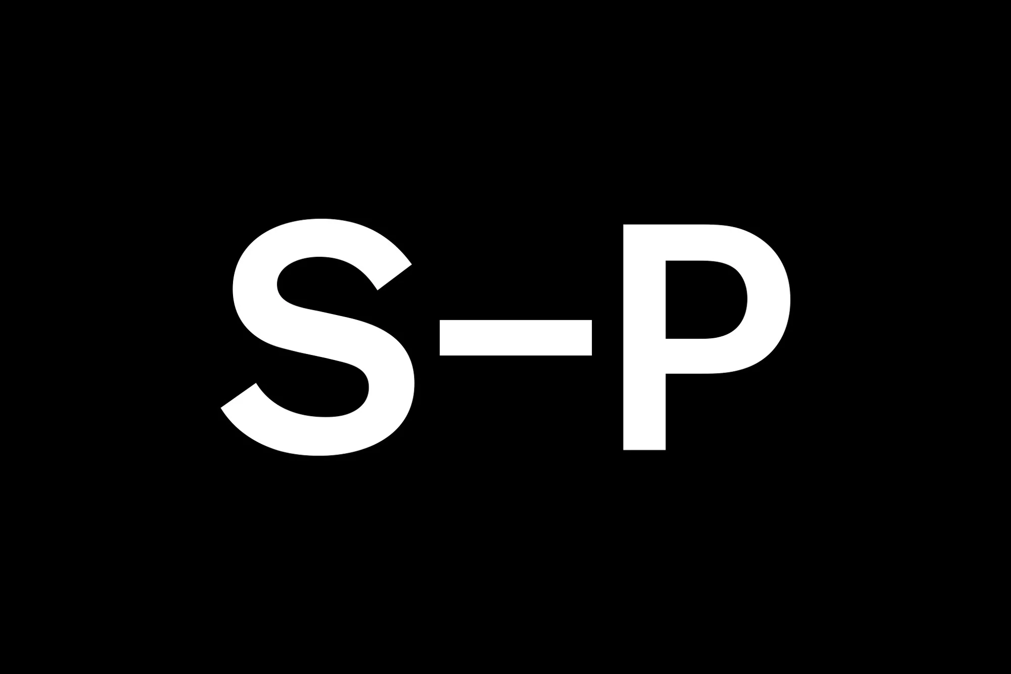Graphic image with white text “S-P” centered on a black background with simple typography and a clean, minimalist design.