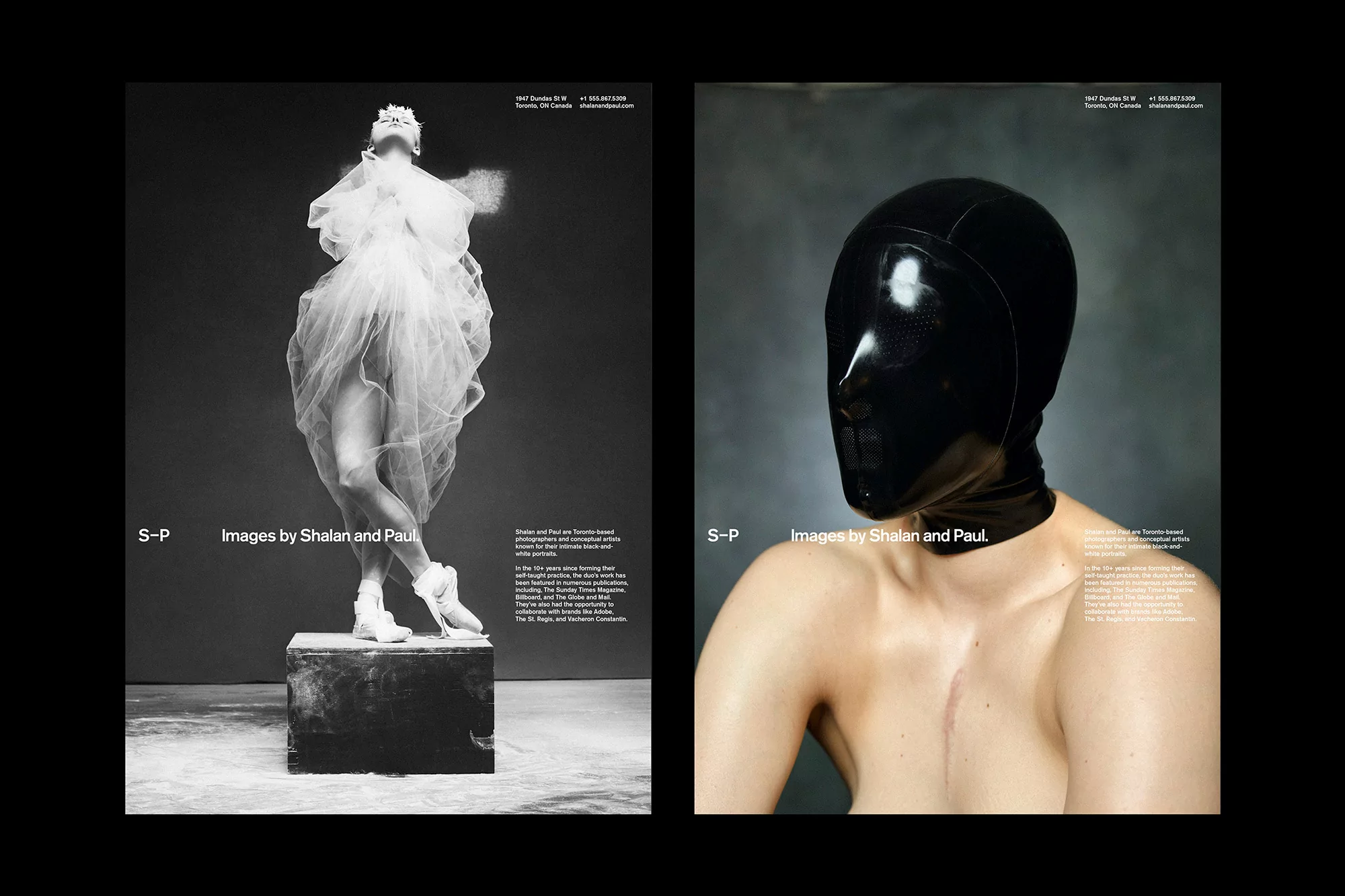 Conceptual black and white photography featuring a woman in a sheer dress on a cube and a woman wearing a black latex mask.
