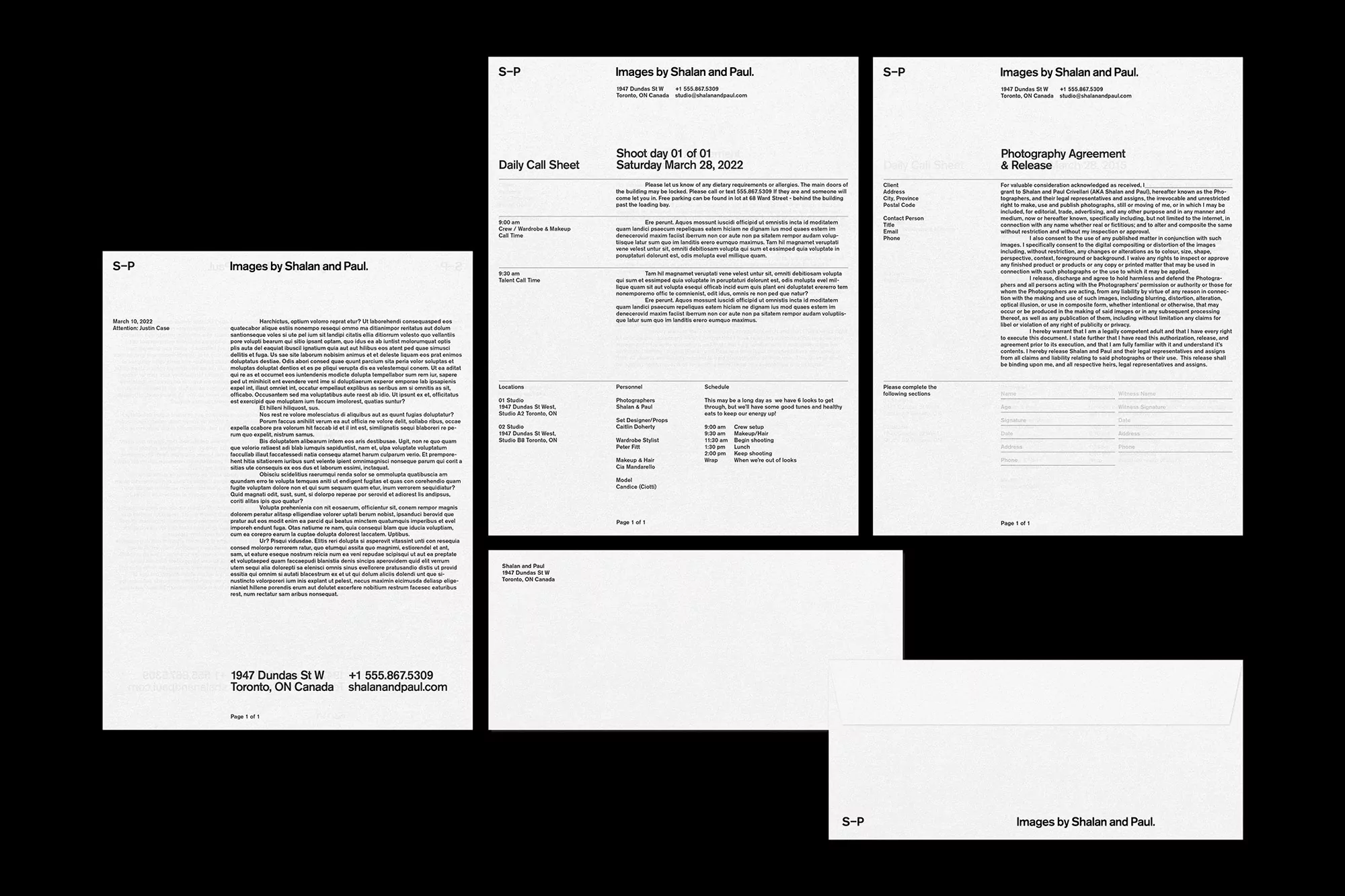 Several sheets of printed documents including call sheets and photography agreements from Shalan and Paul studio on a black background.