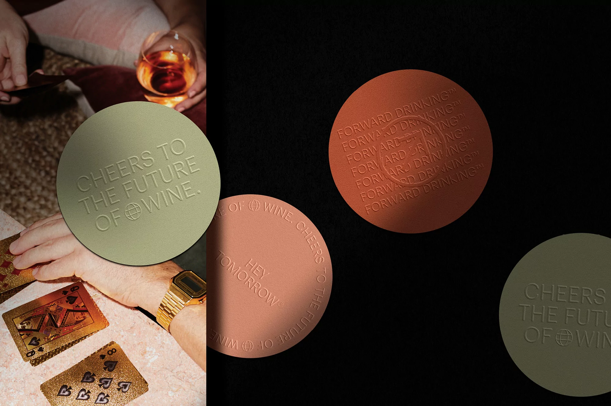 Promotional shot of round coasters with embossed text, set against black and lifestyle backgrounds featuring a playing cards and a beverage.